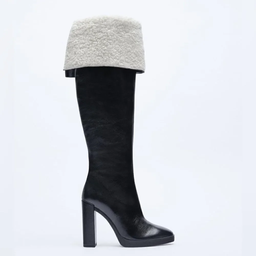 Zara OVER-THE-KNEE LEATHER BOOTS WITH FAUX SHEARLING LINING